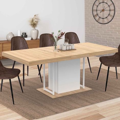 Mesa de comedor extensible rectángulo UGO 6-10 personas aspecto madera de haya y blanco 160-200 cm (1/5)