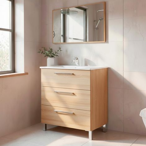 Mobile Bagno A Terra Con 3 Cassetti Lavabo In Ceramica E Specchio 77 x 50 Cm Inclusi Design Moderno Salvaspazio Elegante E Funzionale 80 x 45 x 86 Cm Colore Rovere Chiaro - Colore: Rovere Chiaro (1/5)
