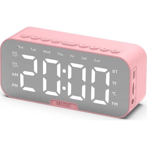 Enceinte Bluetooth (rose) avec écran miroir LED, double réveil numérique et radio FM. (1/5)