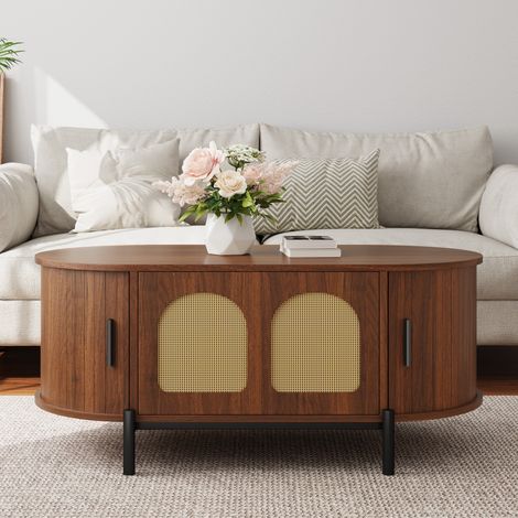 Ovaler Couchtisch mit Stauraum, Schiebetüren, MDF und Rattan, Walnussfarbe HAVRYA (1/5)