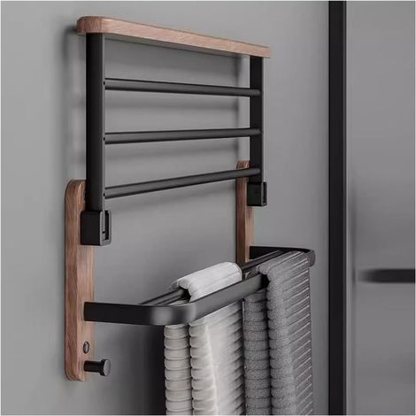 Porte-serviettes mural rétro en noyer noir et aluminium aéronautique, double barre pliable avec crochet (1/5)