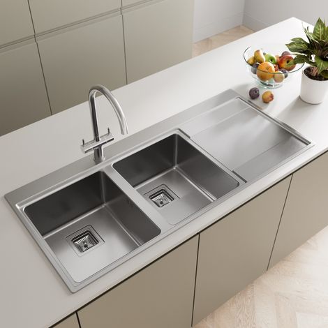 Kitchen Sink 2.0 Double Bowl RH Drainer Stainless Steel Modern Inset Waste Kit