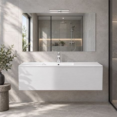 Mobile Bagno Sospeso Bianco 120 Cm Con Cassetto, Lavabo, Specchio E Lampada Berlin