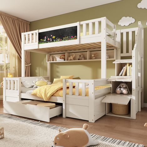 Letto a castello in legno e metallo bianco 90x200 / 140x200 cm con lavagna, cassetti e scala contenitore