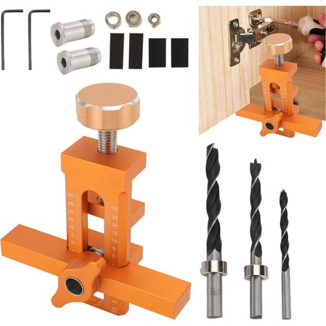 2-in-1 Cabinet Door Mounting Aid Kit with 3 Drill Bits, Aluminum Alloy, Adjustable, Adjustable Positioner for Cabinet Door Installation, Orange (1/5)