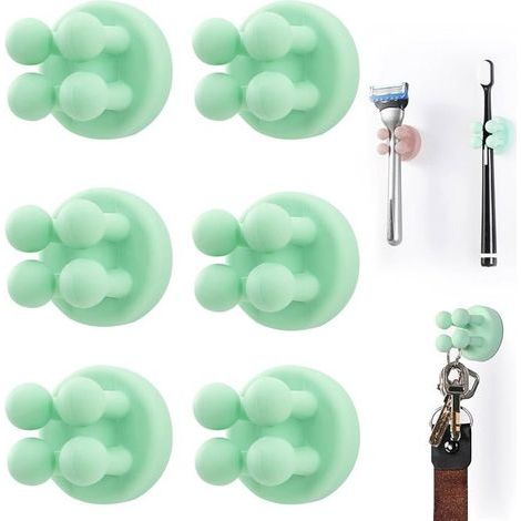 Set of 6 adhesive silicone toothbrush holders, multifunctional hook, wall-mounted, green.