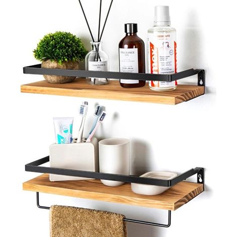 Lot de 2 - Étagère de rangement pour salle de bain - Étagère murale - Étagère de rangement - Étagère murale pour cuisine et salle de bain - Couleur bois (1/5)