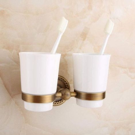 Tasse double en céramique de style européen et suspension murale en métal, porte-brosse à dents décoratif (1/3)