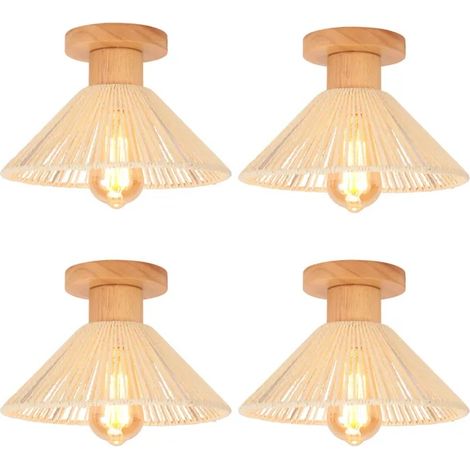 4x Retro Plafonnier,22cm Lustre Vintage en Rotin Metal Lampe de Plafond Industiel Style Retro Luminaire Design Chapeau,Blanc (1/5)