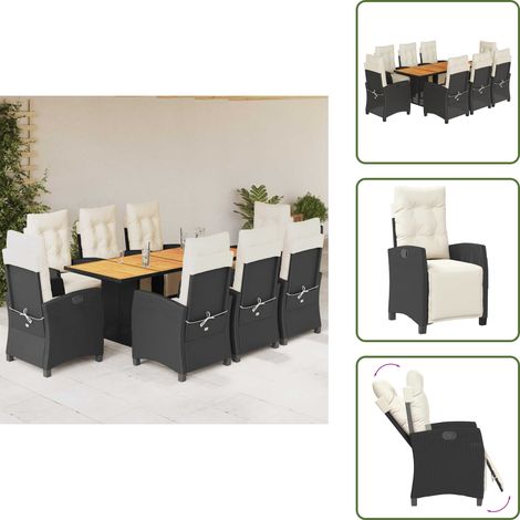 The Living Store 9-tlg. Garten-Essgruppe mit Kissen Schwarz Poly Rattan - Gartengestelle - Gartenmöbelset - Esstisch - Gartenstühle - Outdoor Möbel