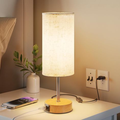 Touch-Nachttischlampe mit USB-A- und USB-C-Ladeanschlüssen, Schreibtischlampe, 3-stufigem Dimmer, Lampenschirm aus Leinenstoff, kleine Tischlampe, mit 1,5 m Kabel (E27-Leuchtmittel enthalten) [Energie (1/5)