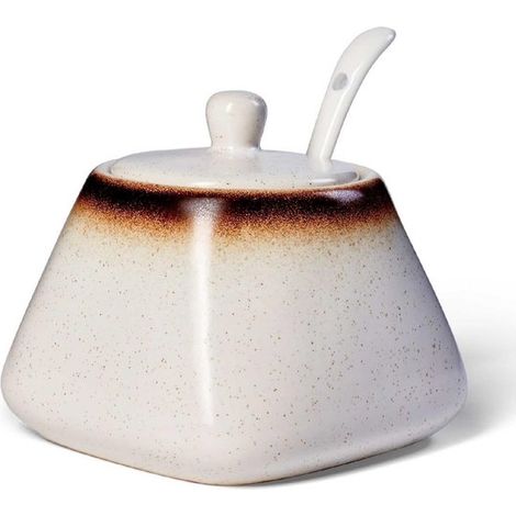longziming - Sucrier en céramique - Porte-épices en porcelaine - Récipient à condiments - Couvercle anti-poussière - Cuillère incluse - Porcelaine sans plomb - Design blanc intemporel - Lavable au lav (1/5)