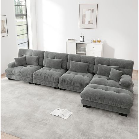 Divano modulare 4 posti grigio in ciniglia con pouf mobile e configurazione angolare (1/5)
