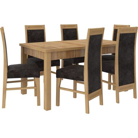 Ensemble table extensible 140-180cm et 6 chaises en bois naturel et tissu noir Valka (1/5)