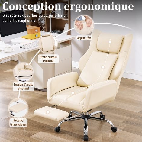 Chaise de Bureau en Cuir PU Ergonomique, Dossier Réglable 90°-135°, Pivotante 360°, Repose-Pied, Accoudoirs Rabattables, Roulettes Silencieuses (1/5)