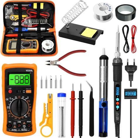 Soldering Iron Kit, 60W Soldering Kit, Adjustable Temperature from 200-450℃, Multimeter, 5 Soldering Tips, Soldering Iron Tin, Solder Wire, Tweezers, Wire Stripper, Stand (1/4)