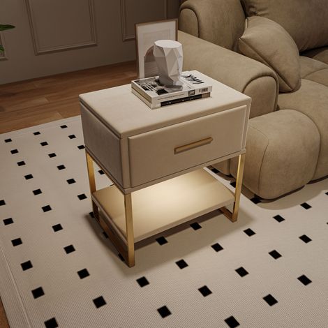 Table de Chevet 2 pcs avec Éclairage LED Multicolore, Tiroir et Étagère Ouverte, Lot de 2 Chevet en Velours avec Pieds Métalliques Doré, 40x31x50 cm, Beige (1/3)