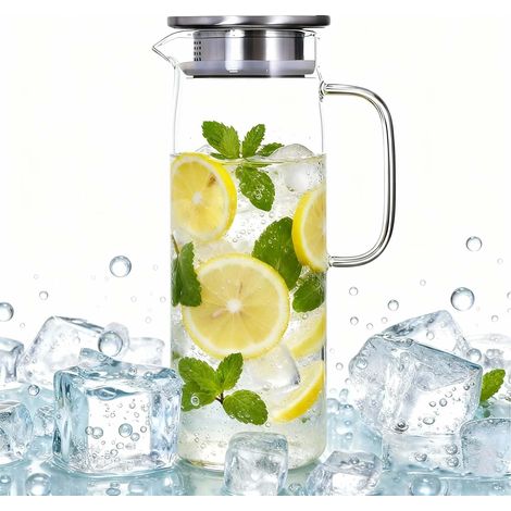 Carafe en verre de 1,5 l, carafe avec couvercle et bec verseur, 1,5 l d'eau froide ou chaude, pour thé glacé et jus faits maison (1/5)