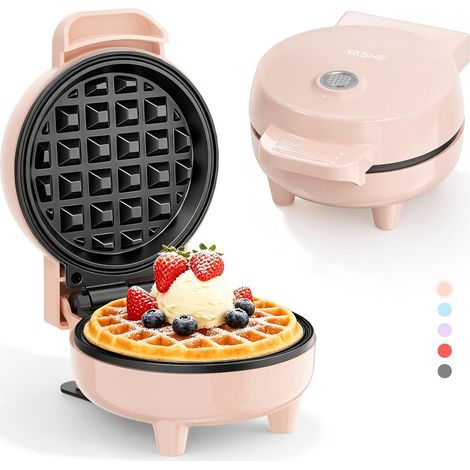 YASHE Mini gaufrier ABW59C rose, 550 W, plaque 10 cm, antiadhésif, voyant, poignée isolante