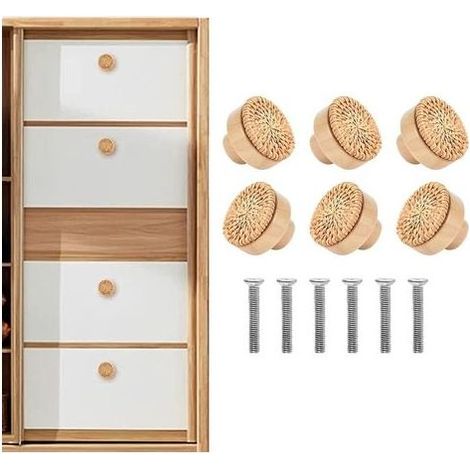 6 tiradores de muebles de ratán - Para cajones y gavetas - Con tornillos - Tiradores redondos de madera para cómoda, muebles, armario, cajón - 40 x 30 mm (1/5)