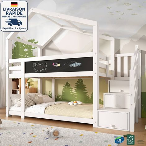 Litera 90x200 cm, cama infantil con chimenea, almacenaje y protección antivuelco, mobiliario de dormitorio, color blanco (1/5)