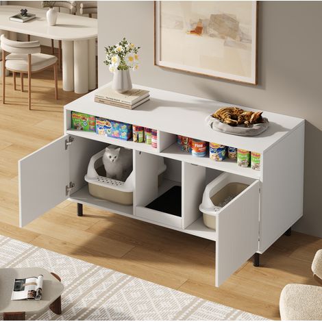 Mobile lettiera per gatti 120x50x66 cm in pannelli di legno bianco, con contenitore, FloraGrace (1/5)