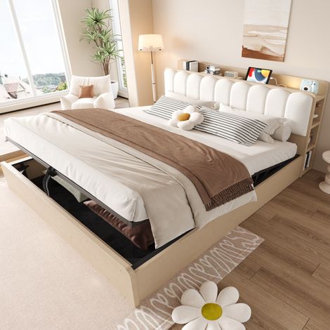 Cama con almacenaje 180x200 cm madera natural con cabecero tapizado, USB y elevación hidráulica (1/5)