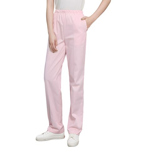 1 pantalon d'infirmière, taille élastique, polyester, blanc/rose/bleu, pour usage professionnel en milieu médical (1/5)