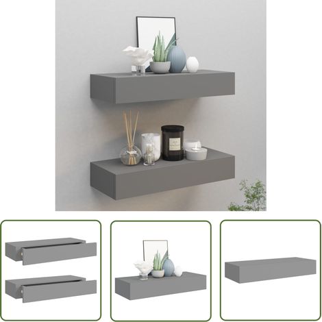 The Living Store Wandregale mit Schubladen 2 Stk. Grau 60x23,5x10 cm MDF - Wandregal - Regal Mit Schublade - Grau - Modernes Möbelstück - Dekorationsschrank (1/5)