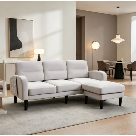 Sofá esquinero de 3 plazas con chaise longue, 204x136x80 cm, bolsillos de almacenamiento, cojines extraíbles, tejido beige. (1/5)