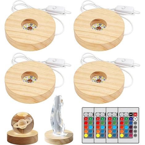 Lot de 4 socles LED ronds en bois avec interrupteur USB et télécommande, 7 couleurs, base d'affichage pour bloc de verre, cristaux, verre, résine, art (8 x 2 cm) (1/5)