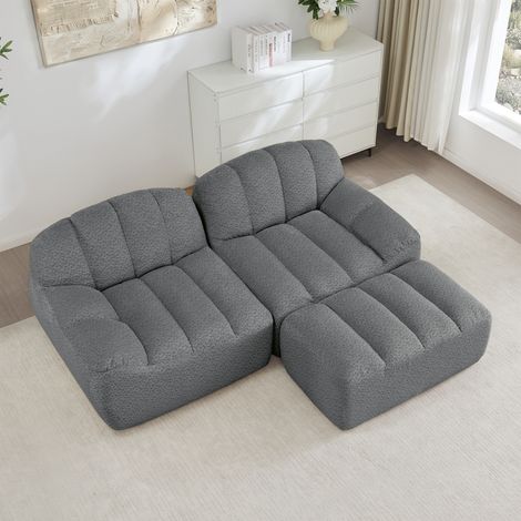 Canapé d'angle modulable 2 places, forme coquillage, sans structure, coussins profonds, 1 pouf offert, gris, pour salon, livré monté (1/5)