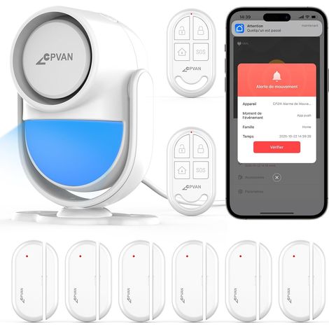 Alarme Maison sans Fil, 2.4GHz WiFi PIR Détecteur de Mouvement avec Alertes APP, PIR Alarme Hôte + 2 Télécommandes + 6 Capteurs de Porte/Fenêtre,Blanc