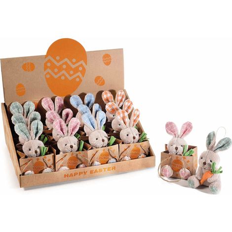 Coniglietti pasquali di peluche con carota in borsetta, in espositore da 12 pezzi, set da 12 pezzi, cm 7x7x14 H (orecc.estese)