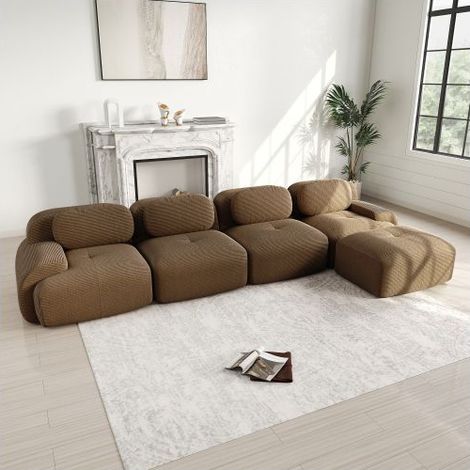 Canapé d'angle 388x178x75cm velours côtelé marron - Canapé Modulable - 4 places, mousse 32D, sans montage, surface antidérapante (1/5)