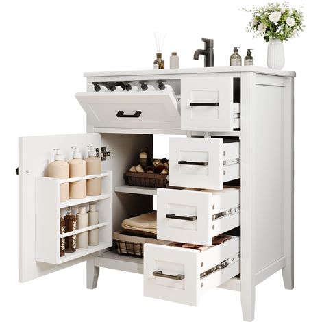 Mobile sottolavabo con 1 Anta, 5 Cassetti e Lavabo integrato, in Ceramica e MDF, 76x46x90 cm, Bianco (1/5)