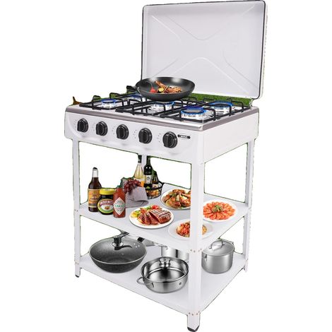 Cocina de gas natural, 5 quemadores, diseño portátil, color blanco. (1/2)