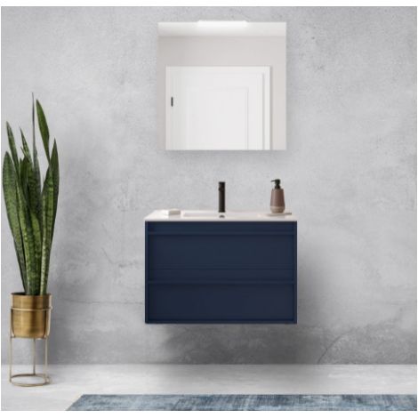 Mobile bagno sospeso 80 cm 2 cassetti in legno blu satinato con lavabo a incasso - Astoria - Con colonna specchio e lampada LED - Accessorio: Con colonna (1/4)