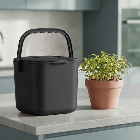 Poubelle à Compost avec Couvercle Anti-Odeur et Panier Intérieur, 7 L, 24 x 20 x 19,5 cm, Noir (1/5)