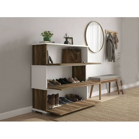 Dmora - Zapatero Dgallopp, Zapatero, Armario de entrada multiusos, Zapatero, 90x30h93 cm, Blanco y Nogal (1/5)