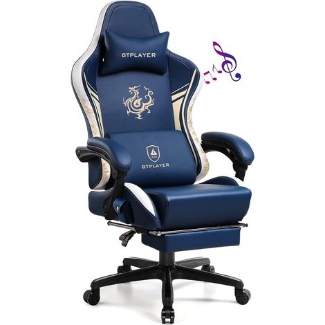 Chaise gaming ergonomique en cuir synthétique – Haut-parleurs Bluetooth intégrés – Repose-pieds rétractable – Dossier inclinable 150°