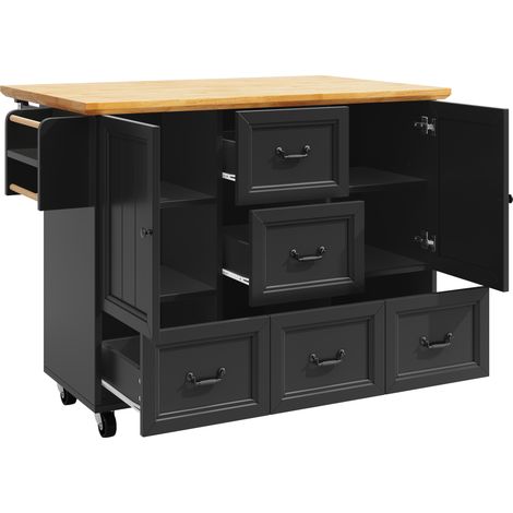 Mobile Kücheninsel mit Klappplatte 120x73x93 cm aus MDF und Metall, schwarz (1/5)