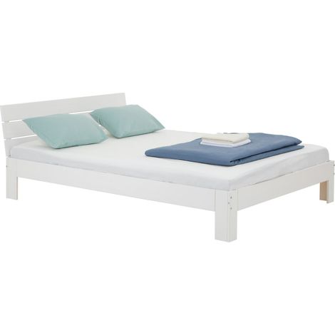 Idimex – Lit double 140x190 cm en pin massif lasuré blanc – Structure robuste avec barre centrale – Coins arrondis – Tête de lit incluse (1/4)