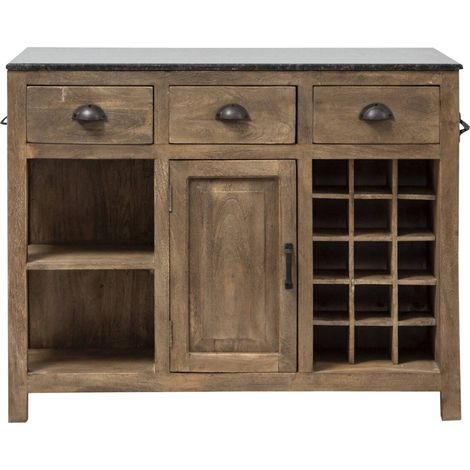 Made In Meubles – Ilot central en bois de manguier avec plateau en marbre – 2 niches et 3 tiroirs – Dimensions 93.5x118x58.5cm – Style vintage industriel (1/5)