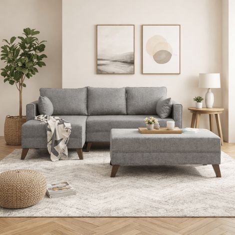 Schlafsofa aus grauem Stoff – Ecksofa inklusive Ottomane – Links