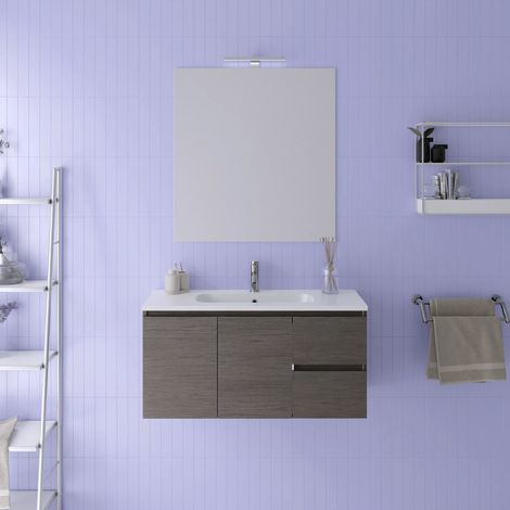 Armoire de toilette suspendue 100cm chêne foncé avec lavabo inclus et miroir Mod. Rata (1/4)