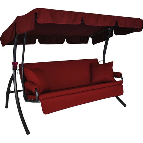 Balancelle 3 Places Convertible en Lit, Structure en Acier Galvanisé, Auvent Réglable, Coussins Lavables (Rouge) (1/5)