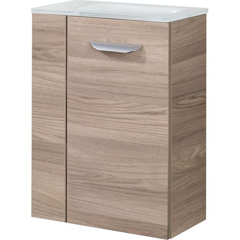Fackelmann LUXOR SBC Gäste-WC Set 2 Teile – Waschtischunterschrank in Holz Braun mit Waschbecken aus Glas in Weiß – Waschbeckenunterschrank schmal – Türanschlag rechts – 45 cm breit"-"90074145 (1/4)