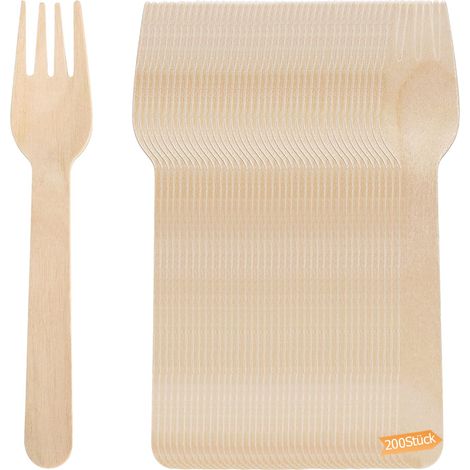 Lot de 200 fourchettes en bois jetables, durables, couverts jetables, ustensiles biodégradables pour fête, anniversaire, camping, pique-nique (1/5)