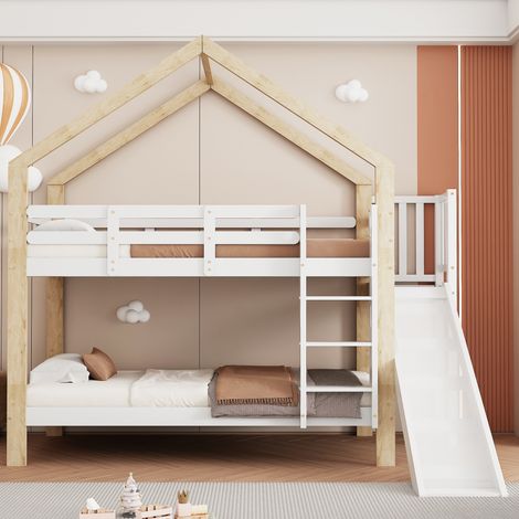 Lit superposé cabane enfant 90x200 cm avec toit, toboggan, garde-corps 4 côtés et échelle d’angle à 3 marches, pin massif, blanc et naturel (1/5)